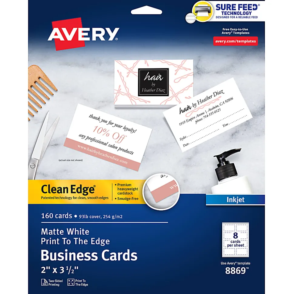 Avery® Clean Edge® Printable Print-To-The_Edge Business Cards With Sure Feed® Technology, 2" x 3.5", White, 160 Blank Cards