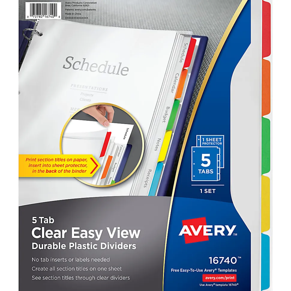 Avery® Clear Easy View Durable Plastic Dividers For 3 Ring Binders, 8-1/2" x 11", 5-Tab, Bright Multicolor, 1 Set