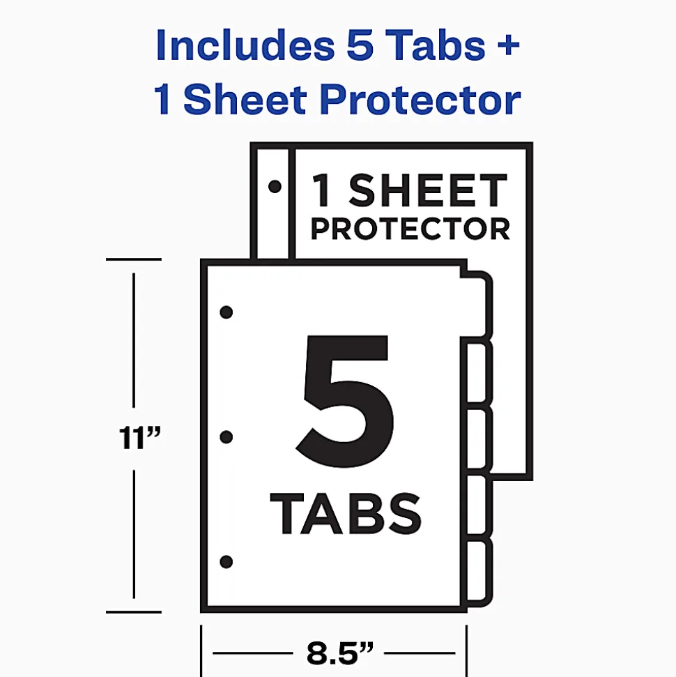Avery® Clear Easy View Durable Plastic Dividers For 3 Ring Binders, 8-1/2" x 11", 5-Tab, Bright Multicolor, 1 Set