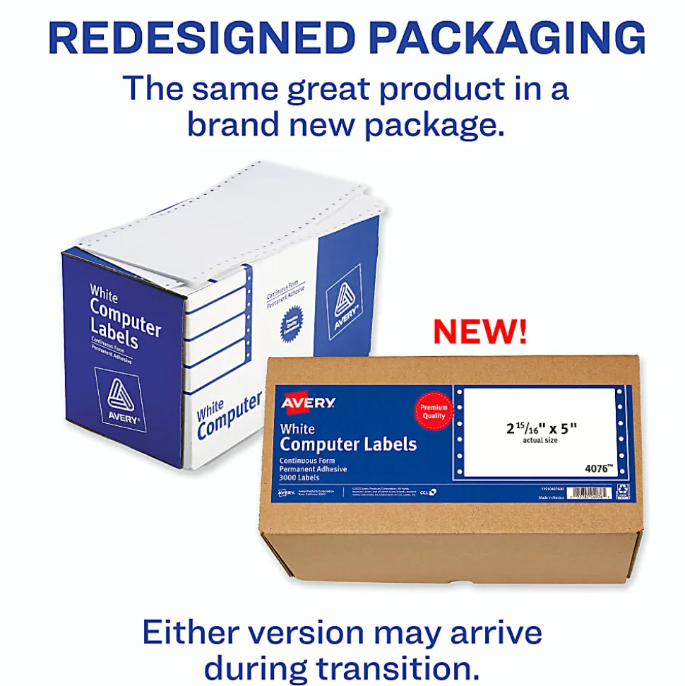 Avery® Continuous Form Permanent Address Labels, 4076, Rectangle, 5" x 2 15/16", White, Box Of 3,000