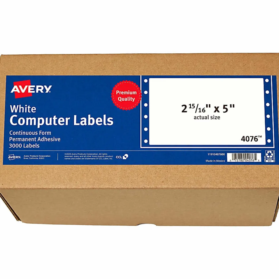 Avery® Continuous Form Permanent Address Labels, 4076, Rectangle, 5" x 2 15/16", White, Box Of 3,000