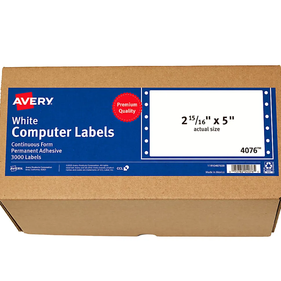 Avery® Continuous Form Permanent Address Labels, 4076, Rectangle, 5" x 2 15/16", White, Box Of 3,000