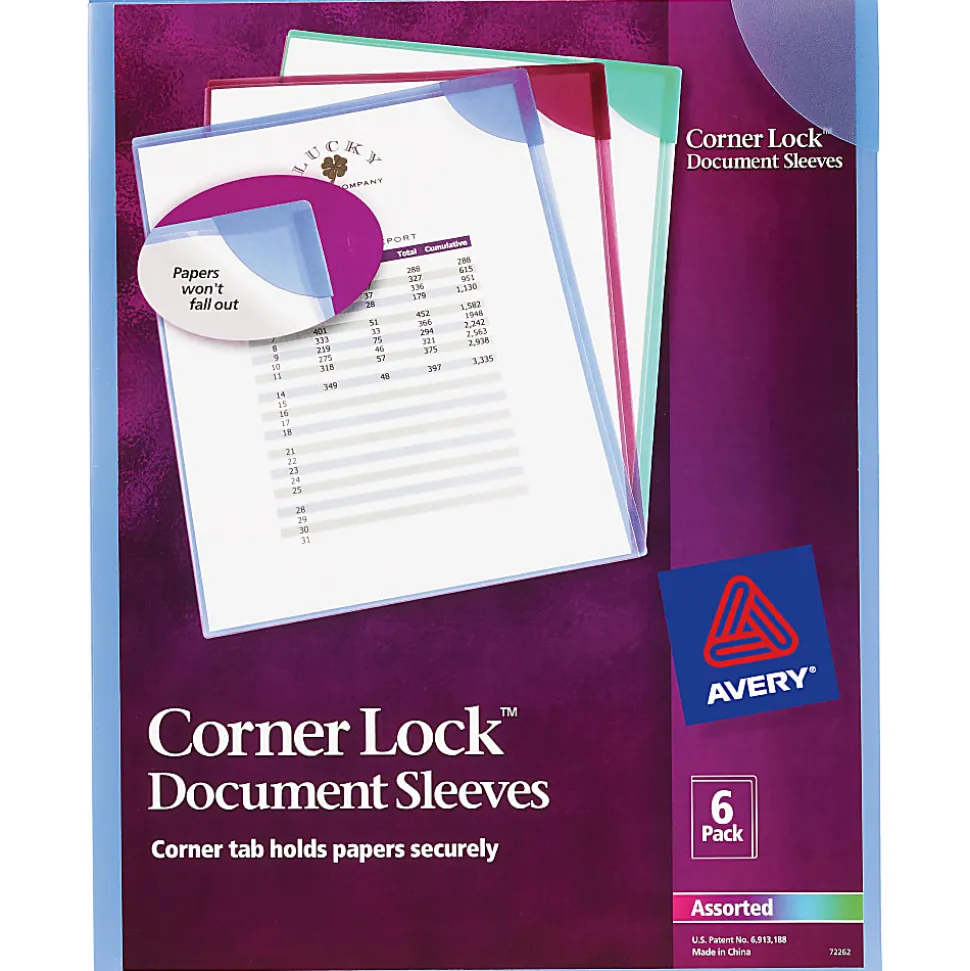 Avery® Corner Lock® Document Sleeves, 8-1/2" x 11", 20 Sheet Capacity, Assorted (Blue, Green, Purple), Pack Of 6