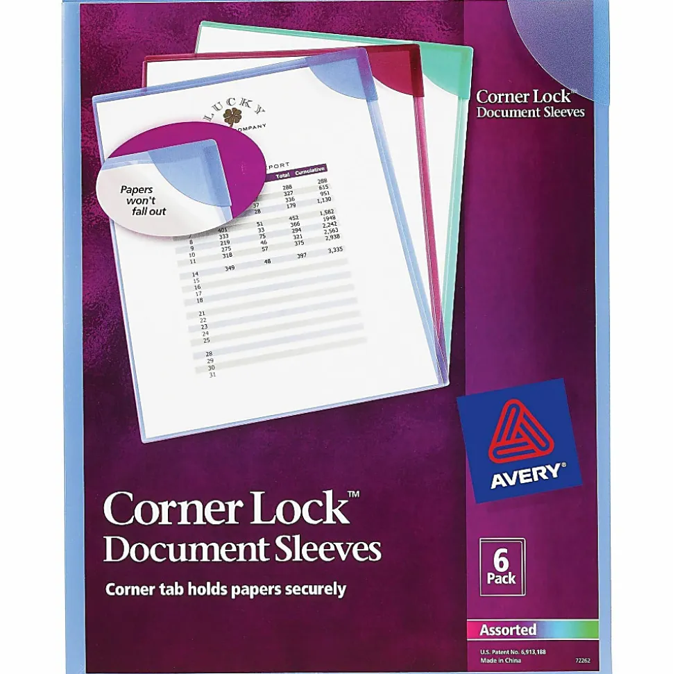 Avery® Corner Lock® Document Sleeves, 8-1/2" x 11", 20 Sheet Capacity, Assorted (Blue, Green, Purple), Pack Of 6