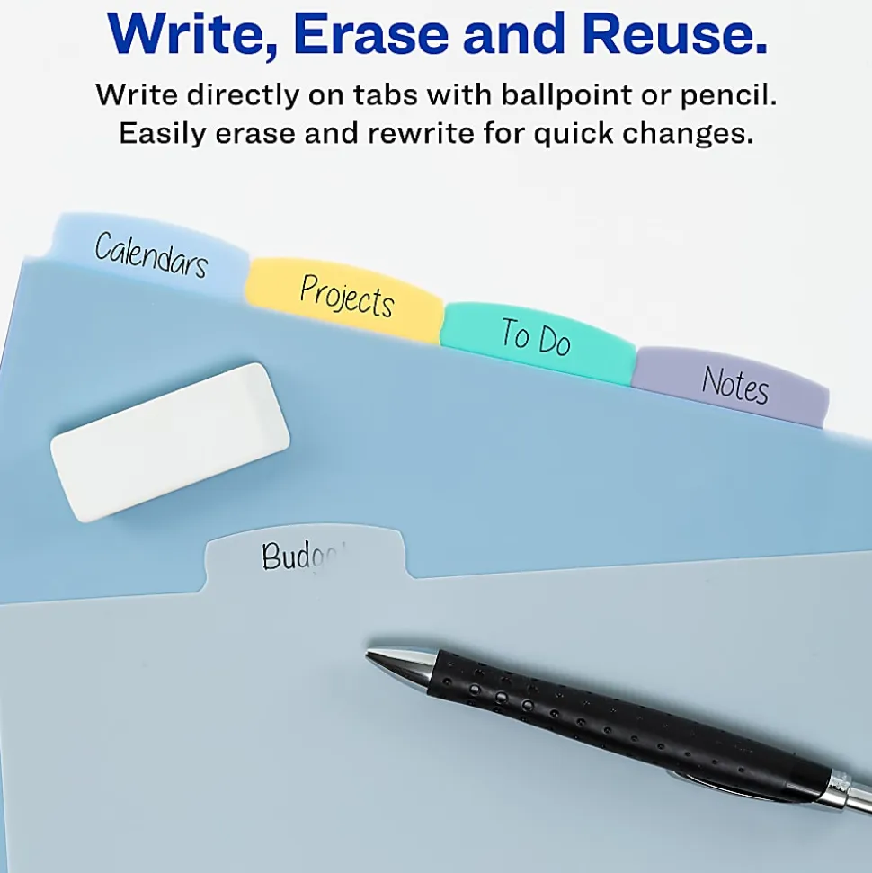 Avery® Corner Lock Write & Erase Plastic Dividers With Expandable Pockets, 9-1/4" x 11-1/4", Multicolor, Set Of 5 Tabs