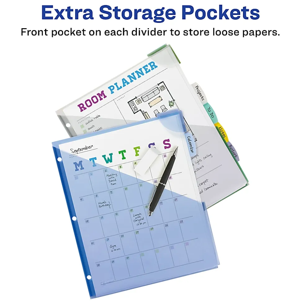 Avery® Corner Lock Write & Erase Plastic Dividers With Expandable Pockets, 9-1/4" x 11-1/4", Multicolor, Set Of 5 Tabs
