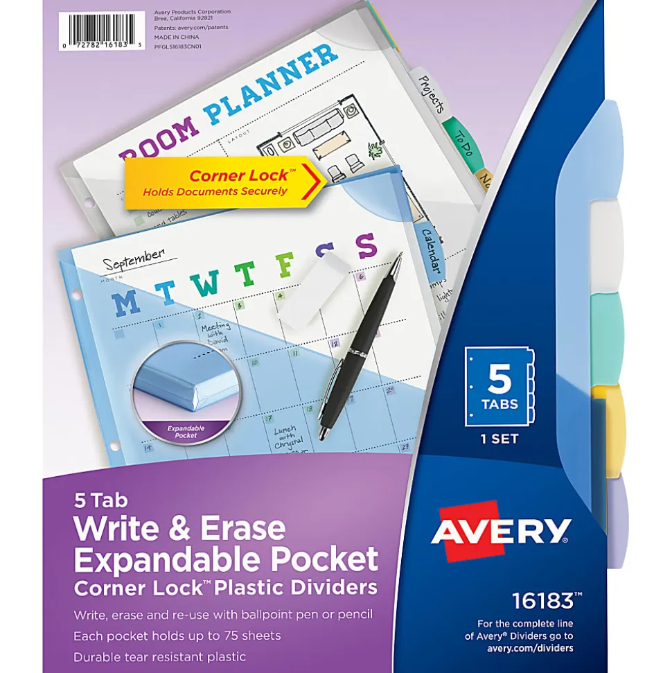 Avery® Corner Lock Write & Erase Plastic Dividers With Expandable Pockets, 9-1/4" x 11-1/4", Multicolor, Set Of 5 Tabs