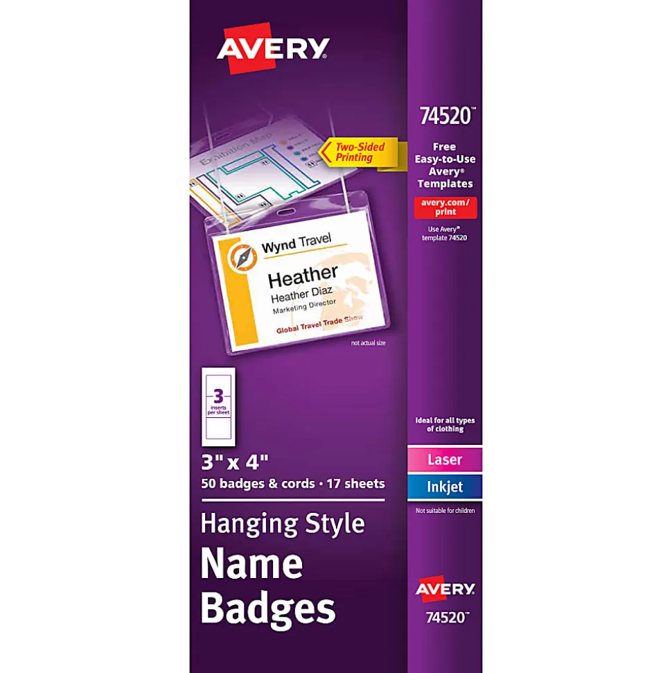 Avery® Customizable Hanging Style Name Badges, 74520, 3" x 4", White, Box Of 50