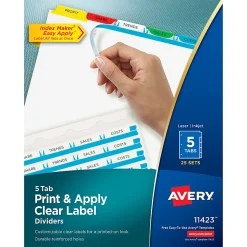 Avery® Customizable Index Maker® Dividers For 3 Ring Binder, Easy Print & Apply Clear Label Strip, 5 Tab, Multicolor, Box Of 25 Sets