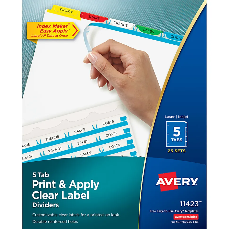 Avery® Customizable Index Maker® Dividers For 3 Ring Binder, Easy Print & Apply Clear Label Strip, 5 Tab, Multicolor, Box Of 25 Sets