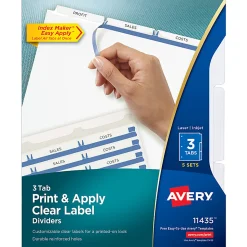 Avery® Customizable Index Maker® Dividers For 3 Ring Binder, Easy Print & Apply Clear Label Strip, 3 Tab, White, Pack Of 5 Sets