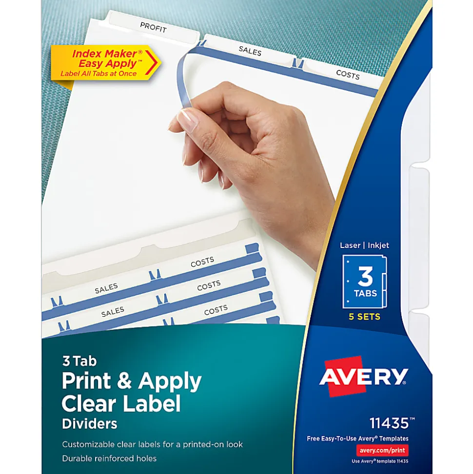Avery® Customizable Index Maker® Dividers For 3 Ring Binder, Easy Print & Apply Clear Label Strip, 3 Tab, White, Pack Of 5 Sets