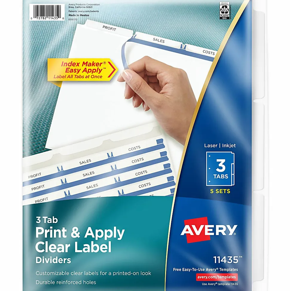 Avery® Customizable Index Maker® Dividers For 3 Ring Binder, Easy Print & Apply Clear Label Strip, 3 Tab, White, Pack Of 5 Sets