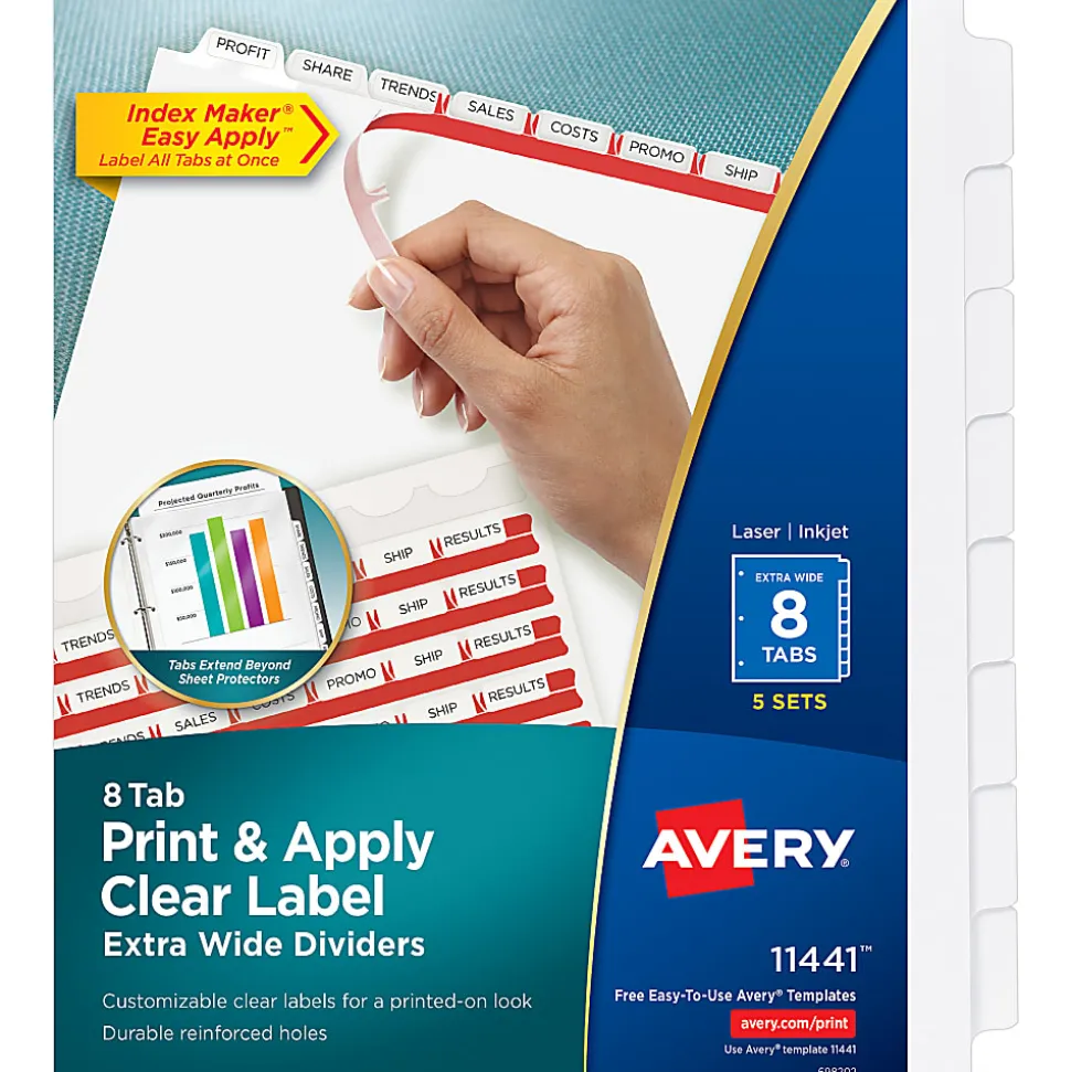 Avery® Customizable Index Maker® Extra-Wide Dividers For 3 Ring Binder, Easy Print & Apply Clear Label Strip, 8 Tab, Pack Of 5 Sets