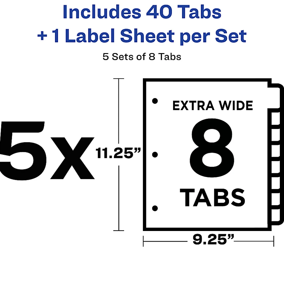 Avery® Customizable Index Maker® Extra-Wide Dividers For 3 Ring Binder, Easy Print & Apply Clear Label Strip, 8 Tab, Pack Of 5 Sets