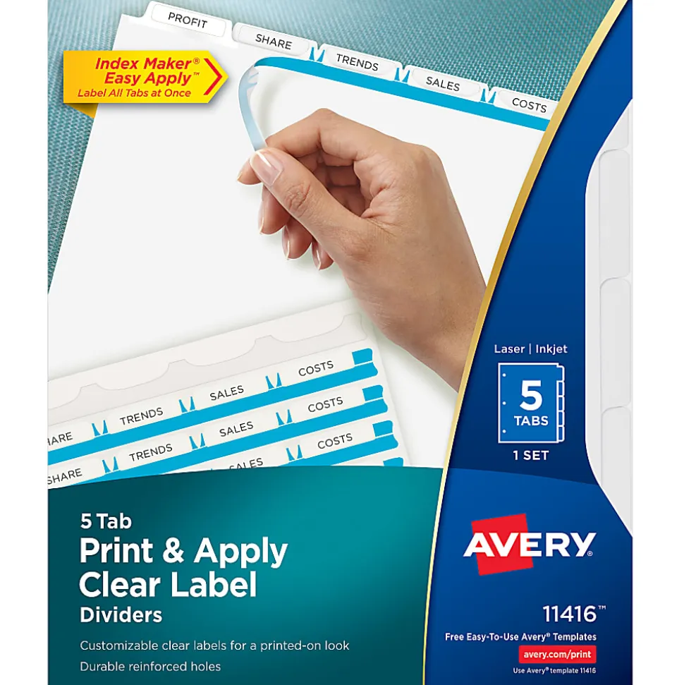 Avery® Customizable Index Maker® Dividers For 3 Ring Binder, Easy Print & Apply Clear Label Strip, 5 Tab, White, 1 Set