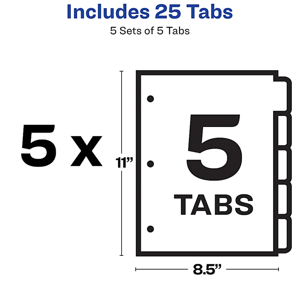 Avery® Customizable Index Maker® Dividers For 3 Ring Binder, Easy Print & Apply Clear Label Strip, 5 Tab, White, Copier, Pack Of 5 Sets