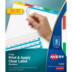 Avery® Customizable Index Maker® Dividers For 3 Ring Binder, Easy Print & Apply Clear Label Strip, 5 Tab, Multicolor, Pack Of 5 Sets