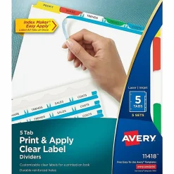 Avery® Customizable Index Maker® Dividers For 3 Ring Binder, Easy Print & Apply Clear Label Strip, 5 Tab, Multicolor, Pack Of 5 Sets