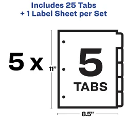 Avery® Customizable Index Maker® Dividers for 3 Ring Binder, Easy Print & Apply Clear Label Strip, 5 Tab, White, Laser Printer, Pack Of 5 Sets