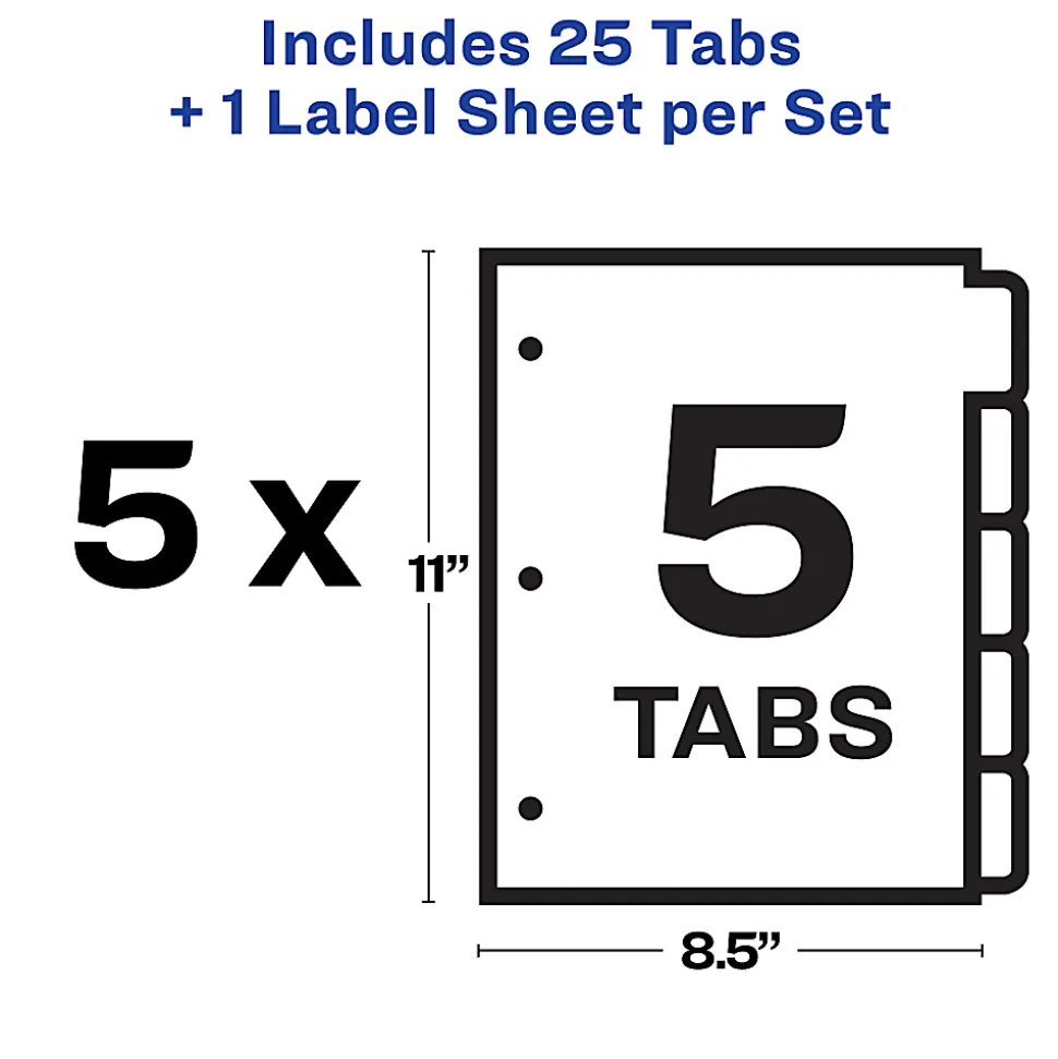 Avery® Customizable Index Maker® Dividers for 3 Ring Binder, Easy Print & Apply Clear Label Strip, 5 Tab, White, Laser Printer, Pack Of 5 Sets