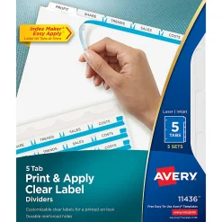 Avery® Customizable Index Maker® Dividers for 3 Ring Binder, Easy Print & Apply Clear Label Strip, 5 Tab, White, Laser Printer, Pack Of 5 Sets