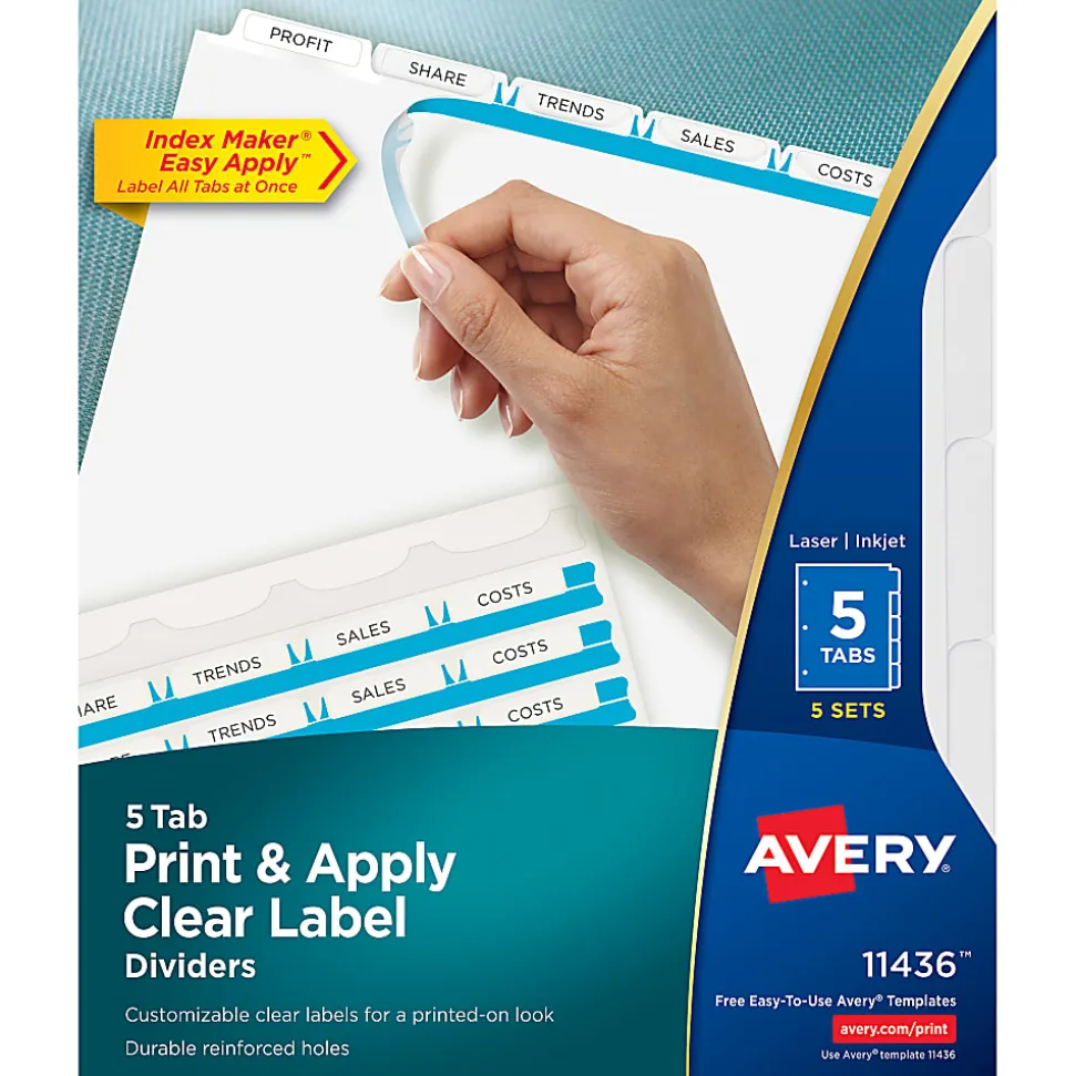 Avery® Customizable Index Maker® Dividers for 3 Ring Binder, Easy Print & Apply Clear Label Strip, 5 Tab, White, Laser Printer, Pack Of 5 Sets