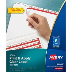 Avery® Customizable Index Maker® Dividers For 3 Ring Binder, Easy Print & Apply Clear Label Strip, 8 Tab, White, Box Of 25 Sets