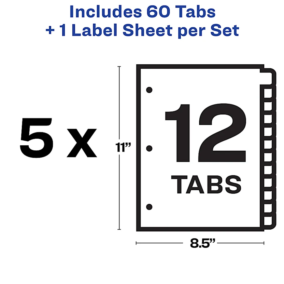 Avery® Customizable Index Maker® Dividers For 3 Ring Binder, Easy Print & Apply Clear Label Strip, 12 Tab, White, Pack Of 5 Sets