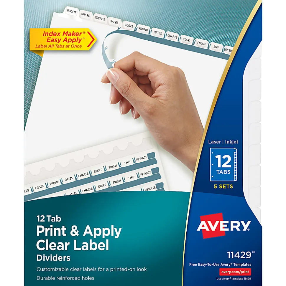 Avery® Customizable Index Maker® Dividers For 3 Ring Binder, Easy Print & Apply Clear Label Strip, 12 Tab, White, Pack Of 5 Sets