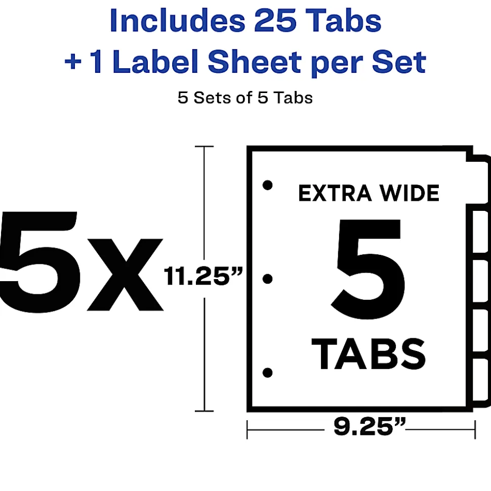 Avery® Customizable Index Maker® Extra-Wide Dividers For 3 Ring Binder, Easy Print & Apply Clear Label Strip, 5 Tab, Pack Of 5 Sets