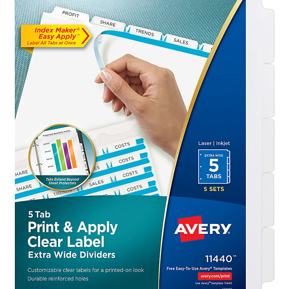 Avery® Customizable Index Maker® Extra-Wide Dividers For 3 Ring Binder, Easy Print & Apply Clear Label Strip, 5 Tab, Pack Of 5 Sets
