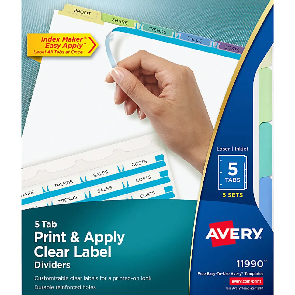 Avery® Customizable Index Maker® Dividers For 3 Ring Binder, Easy Print & Apply Clear Label Strip, 5 Tab, Pastel Tabs, Pack Of 5 Sets