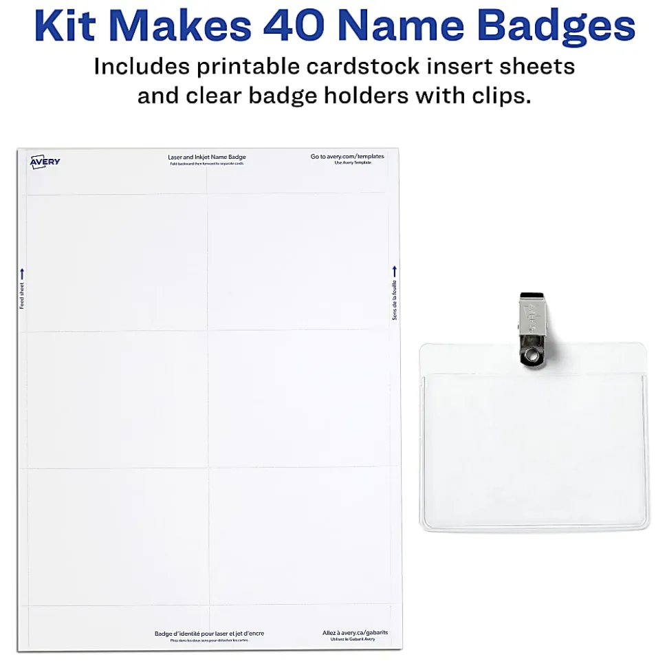 Avery® Customizable Name Badges With Clips, Rectangle, 5384, 3" x 4", Clear Name Tag Holders With White Printable Inserts, Box Of 40