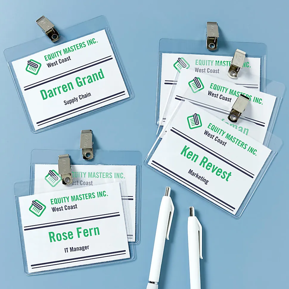 Avery® Customizable Name Badges With Clips, Rectangle, 5384, 3" x 4", Clear Name Tag Holders With White Printable Inserts, Box Of 40