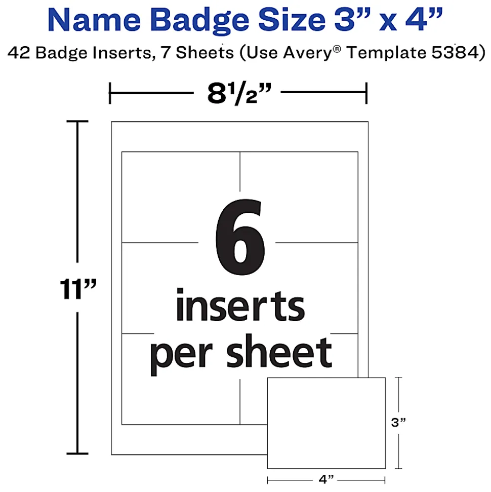 Avery® Customizable Name Badges With Clips, Rectangle, 5384, 3" x 4", Clear Name Tag Holders With White Printable Inserts, Box Of 40