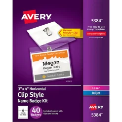 Avery® Customizable Name Badges With Clips, Rectangle, 5384, 3