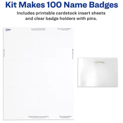 Avery® Customizable Name Badges With Pins, 74540, 3" x 4", Clear Name Tag Holders With White Printable Inserts, Pack of 100