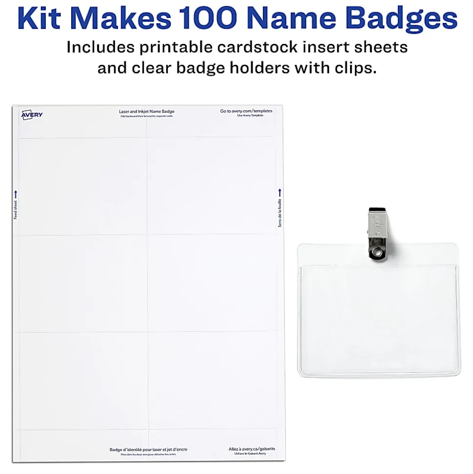 Avery® Customizable Name Badges With Clips, Rectangle, 74541, 3" x 4", Clear Holders With White Inserts, 100 Badges