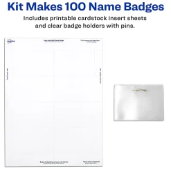 Avery® Customizable Name Badges With Pins, 74549, 2-1/4" x 3-1/2", Clear Name Tag Holders With White Printable Inserts, Pack of 100