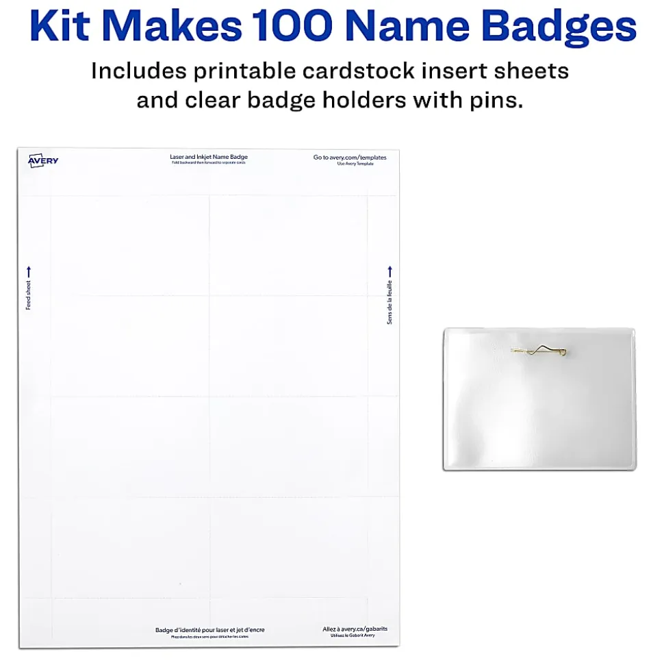Avery® Customizable Name Badges With Pins, 74549, 2-1/4" x 3-1/2", Clear Name Tag Holders With White Printable Inserts, Pack of 100