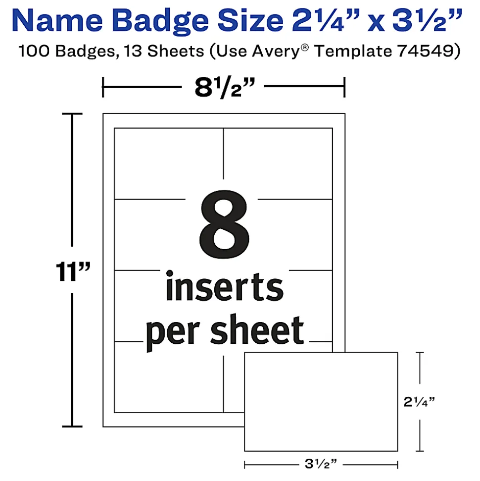 Avery® Customizable Name Badges With Pins, 74549, 2-1/4" x 3-1/2", Clear Name Tag Holders With White Printable Inserts, Pack of 100