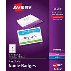 Avery® Customizable Name Badges With Pins, 74549, 2-1/4