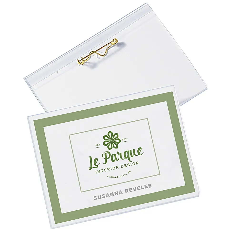 Avery® Customizable Name Badges With Pins, 74549, 2-1/4" x 3-1/2", Clear Name Tag Holders With White Printable Inserts, Pack of 100