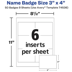 Avery® Customizable Name Badges With Clips, Rectangle, 74536, 3" x 4", Clear Holders With White Inserts, Box Of 50