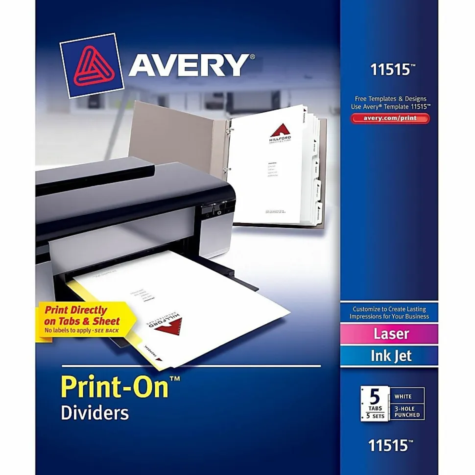Avery® Customizable Print-On™ Dividers, 8 1/2" x 11", 5 Tabs, Pack Of 5 Sets