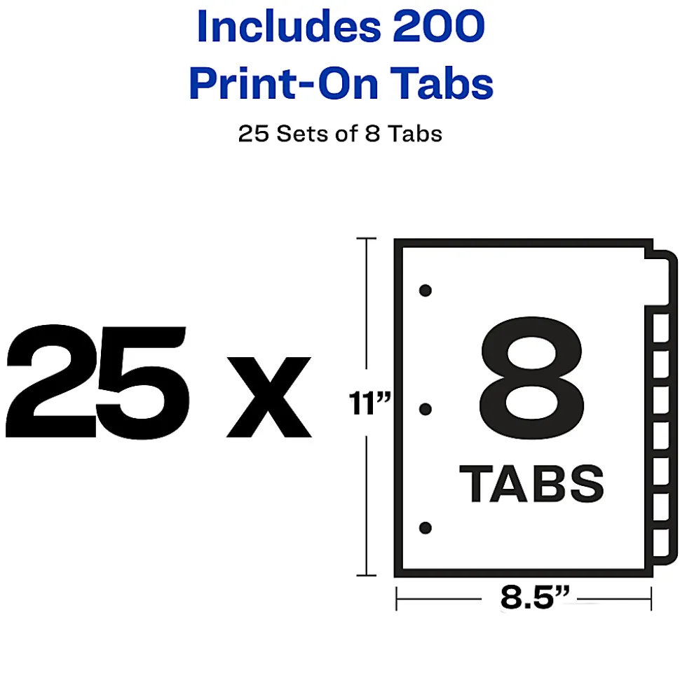 Avery® Customizable Print-On™ Dividers, 8 1/2" x 11", 8 Tabs, White, Pack Of 25 Sets