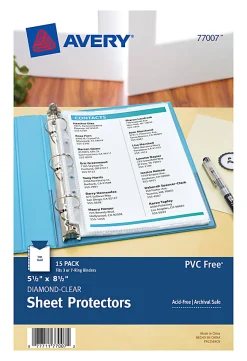 Avery® Diamond Clear Heavyweight Sheet Protectors For Mini Binders, Holds 8.5" x 5.5" Sheets, Clear, Pack Of 15