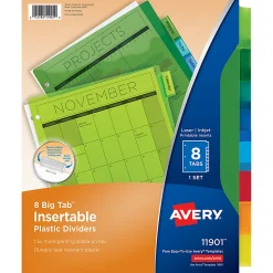 Avery® Dividers for 3 Ring Binders, 8-Tab Binder Dividers, Plastic Binder Dividers, Insertable Big Tab™, Multicolor, 1 Set (11901)