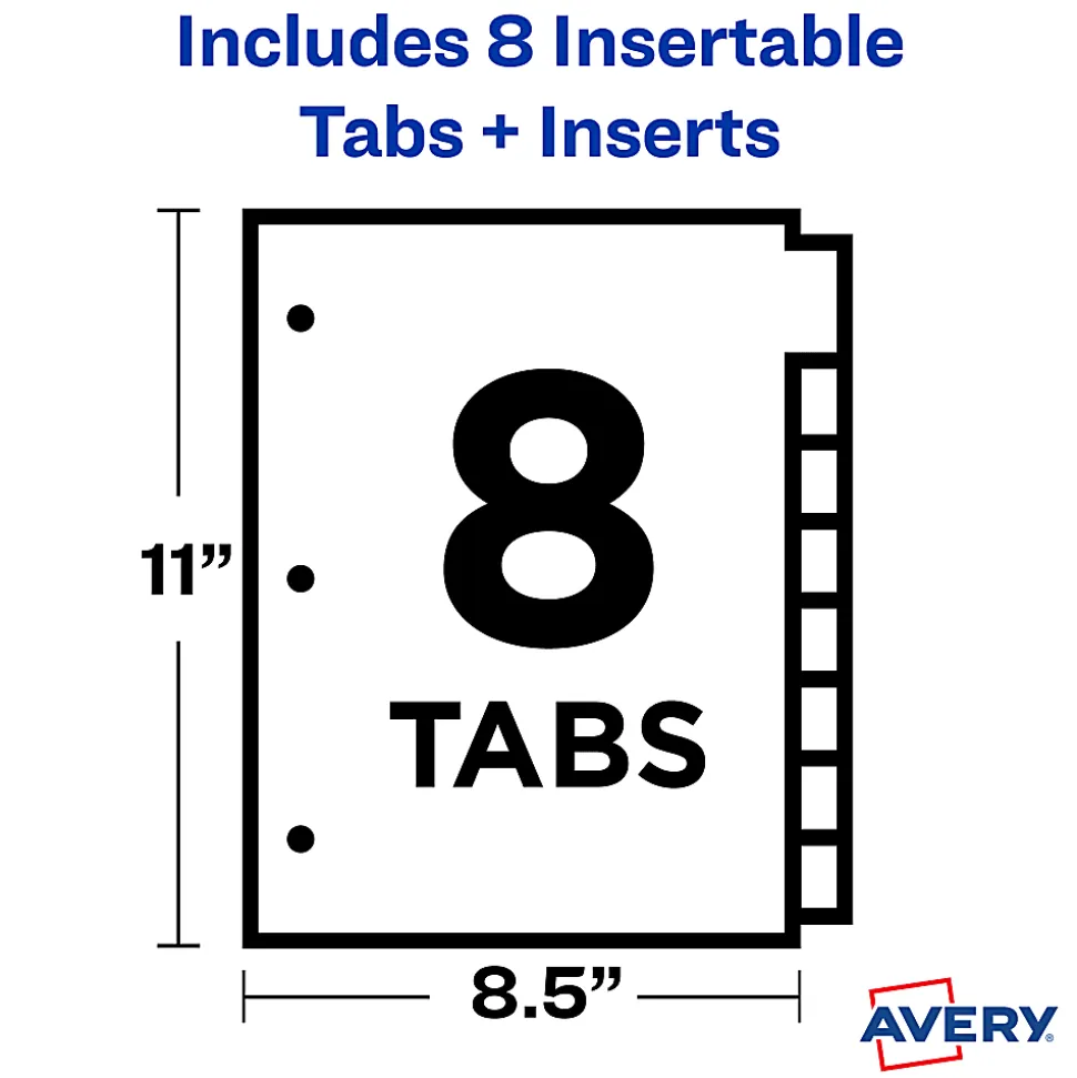 Avery® Dividers for 3 Ring Binders, 8-Tab Binder Dividers, Plastic Binder Dividers, Insertable Big Tab™, Multicolor, 1 Set (11901)